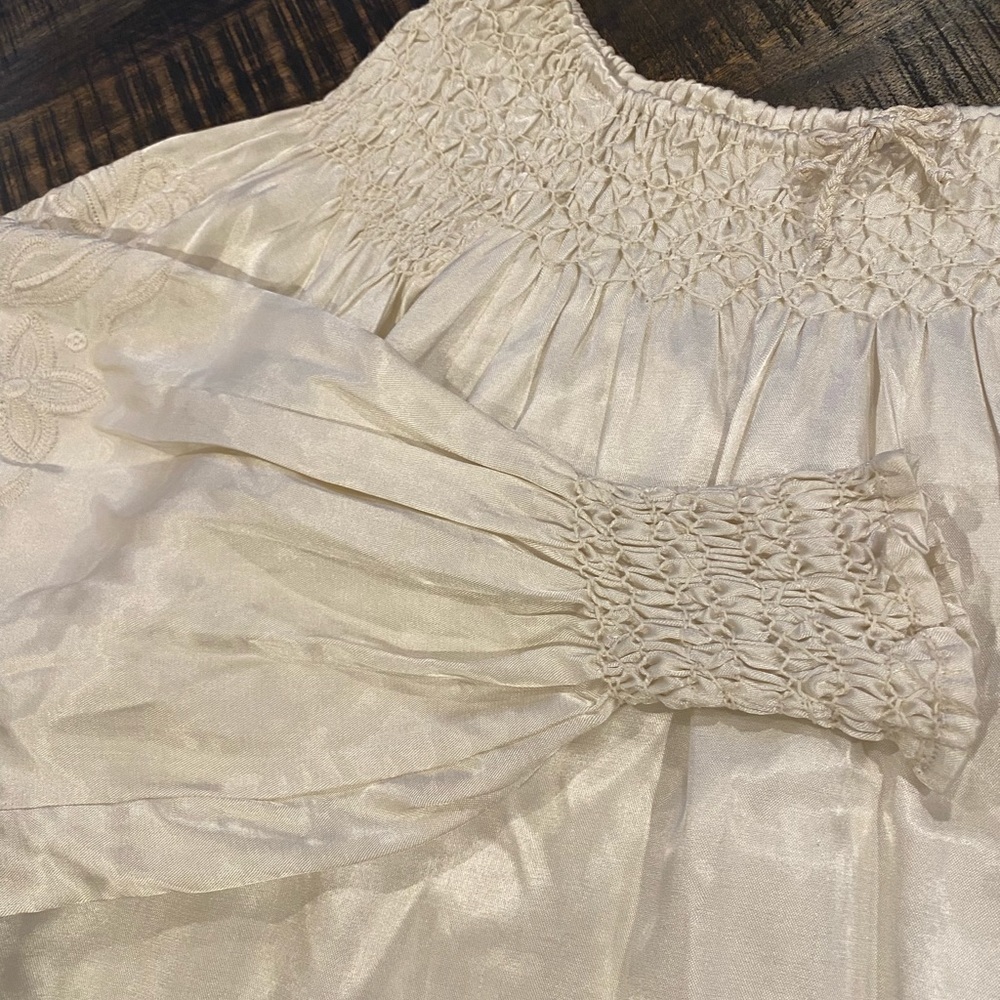 Chico’s Design Satin Ivory Blouse Smocked Embroidered Size SM off the shoulder